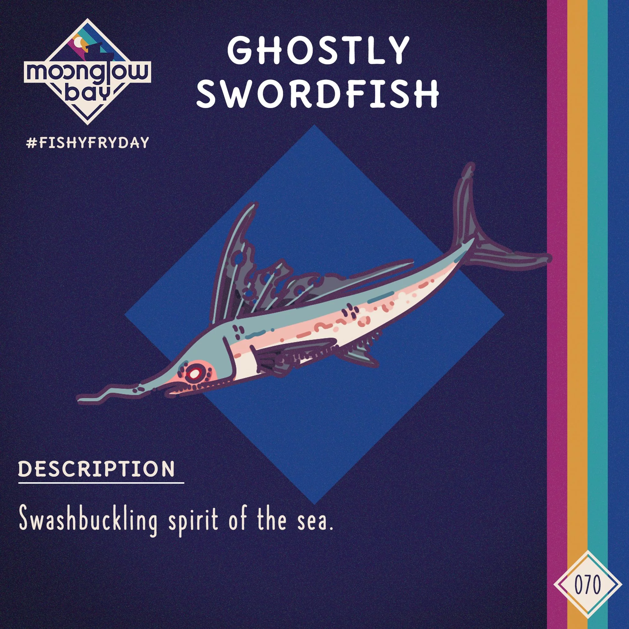 Side view of a sword fish with shredded fins, ghostly red eyes and a crooked nose.