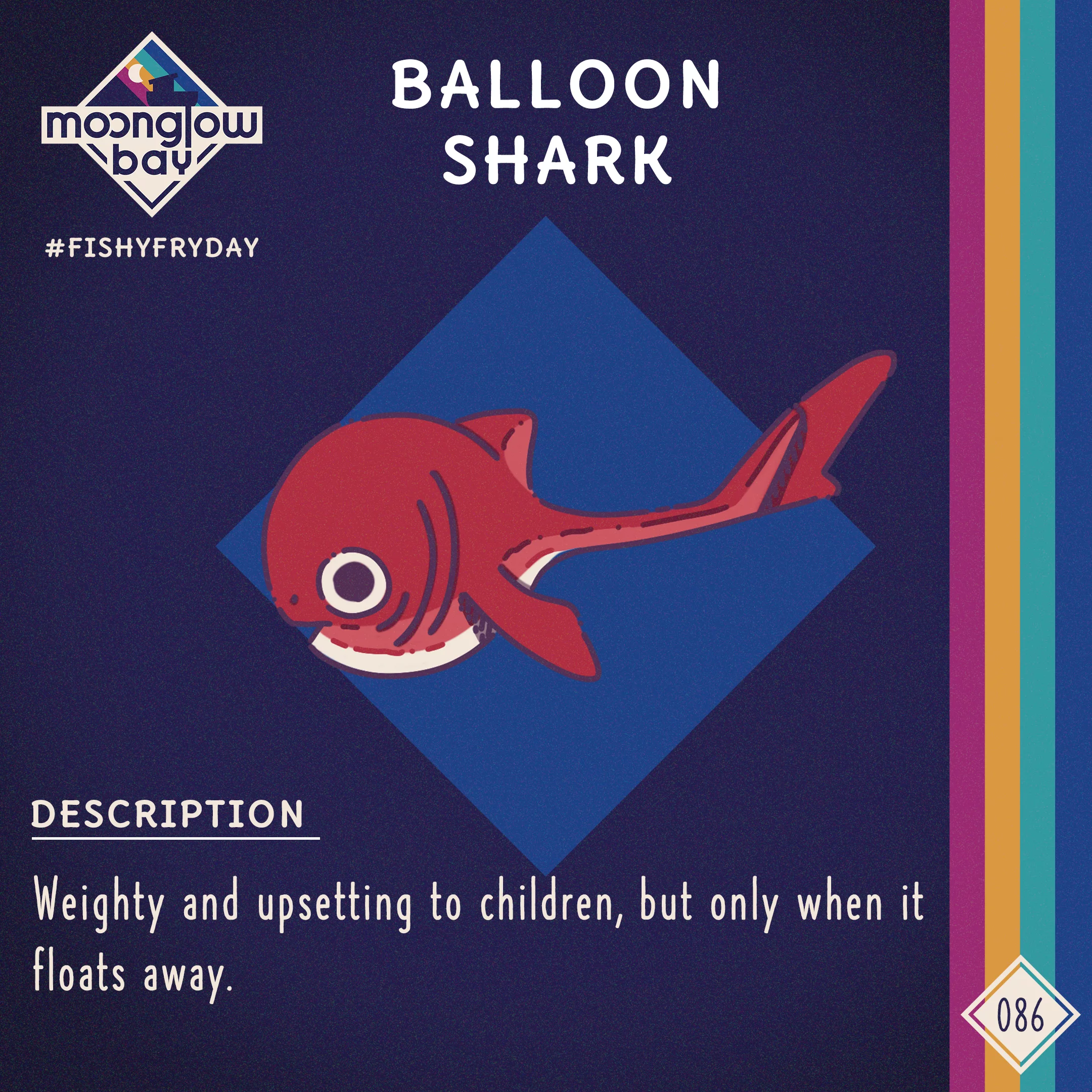 Side on view of a red balloon shaped shark with a white underbelly, large tail fin and one wide eye