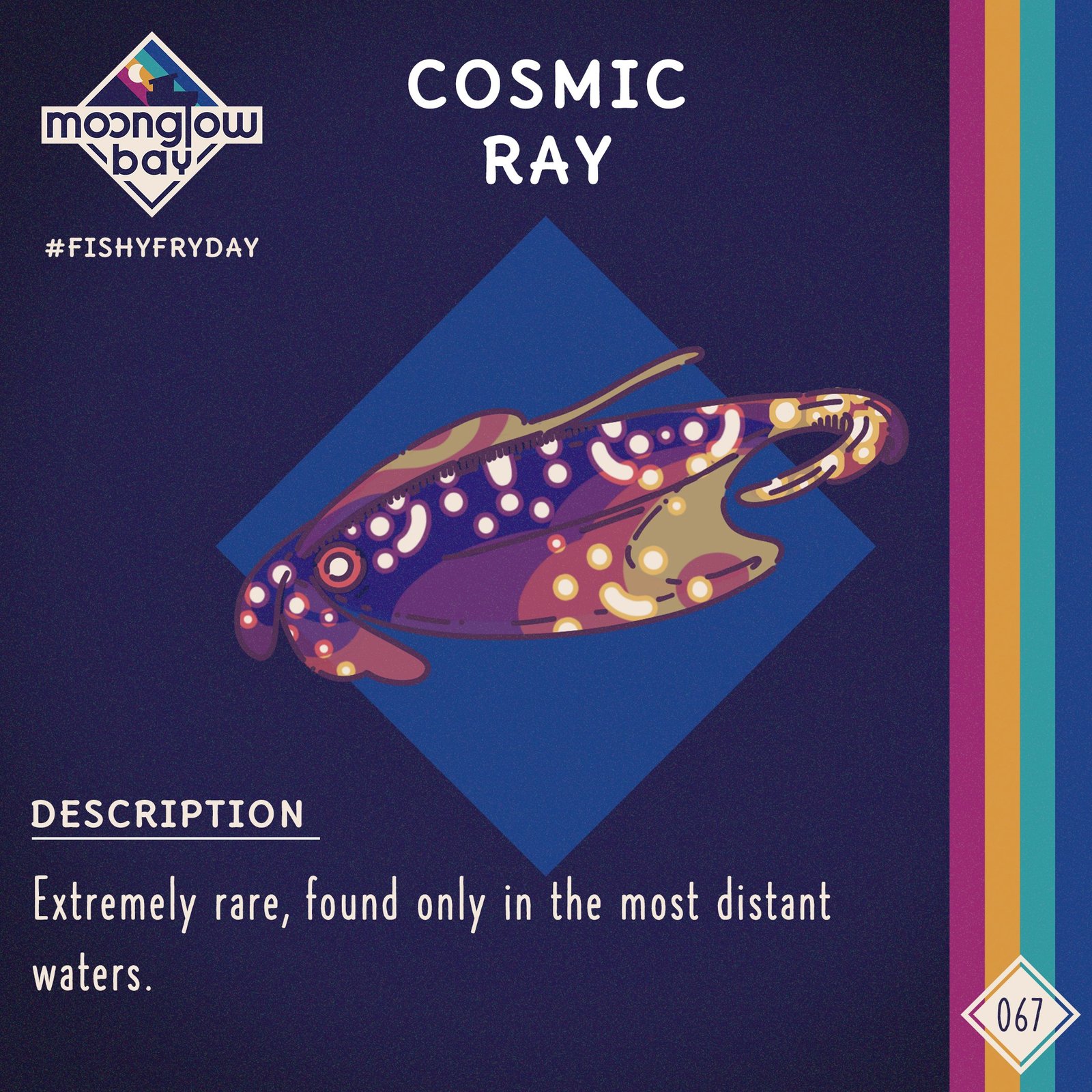 Side view of a sea ray with dots styled like star constellations on its back on a multi-coloured blue and purple body
