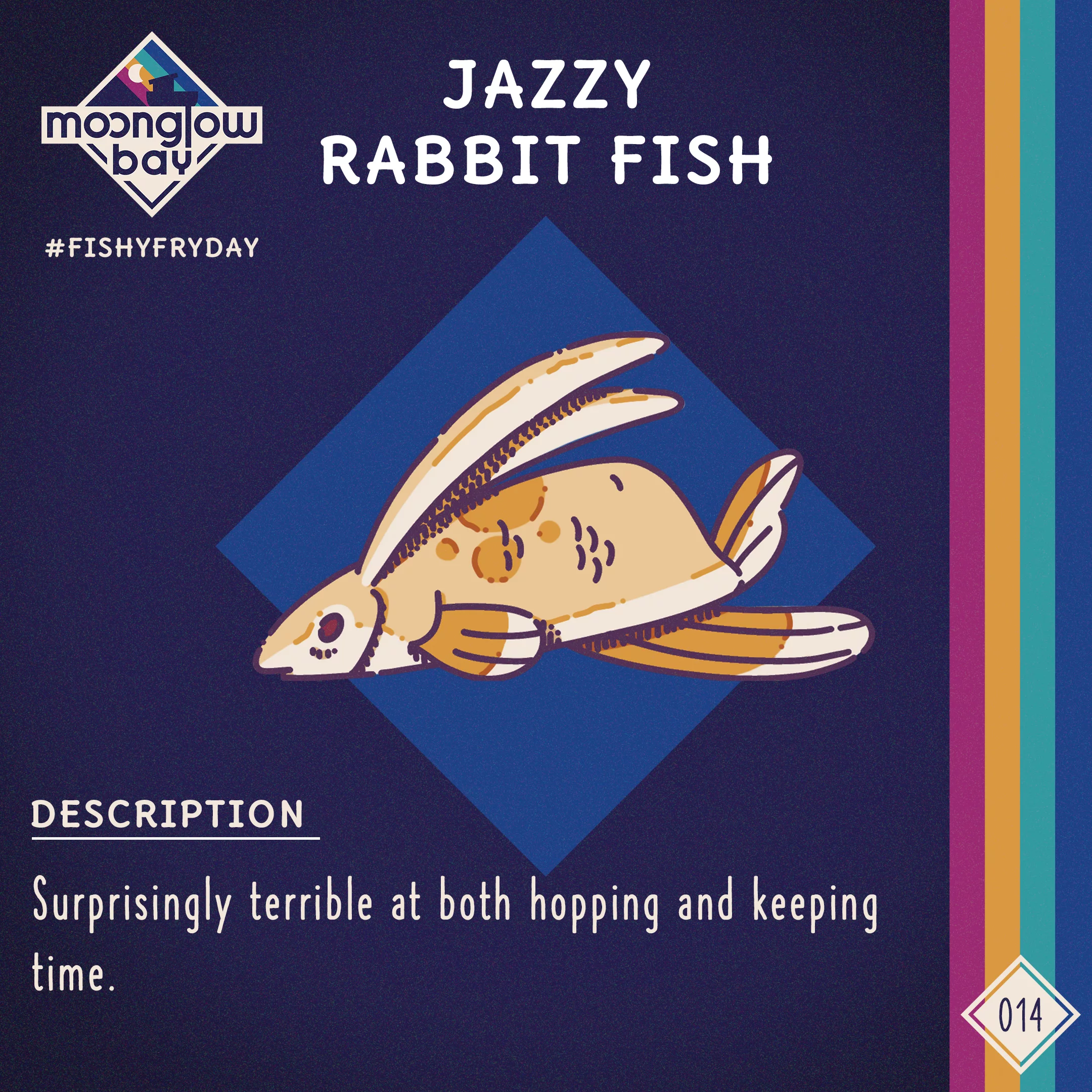 Side view of a Rabbit shaped like a fish with long ears and a large fin underneath. Also has side fins and one smaller fin instead of a tail