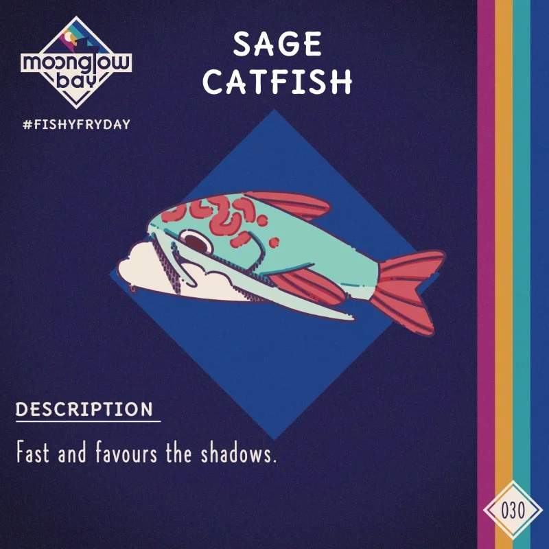 Side view of a wise old looking catfish complete with blue body and red fins