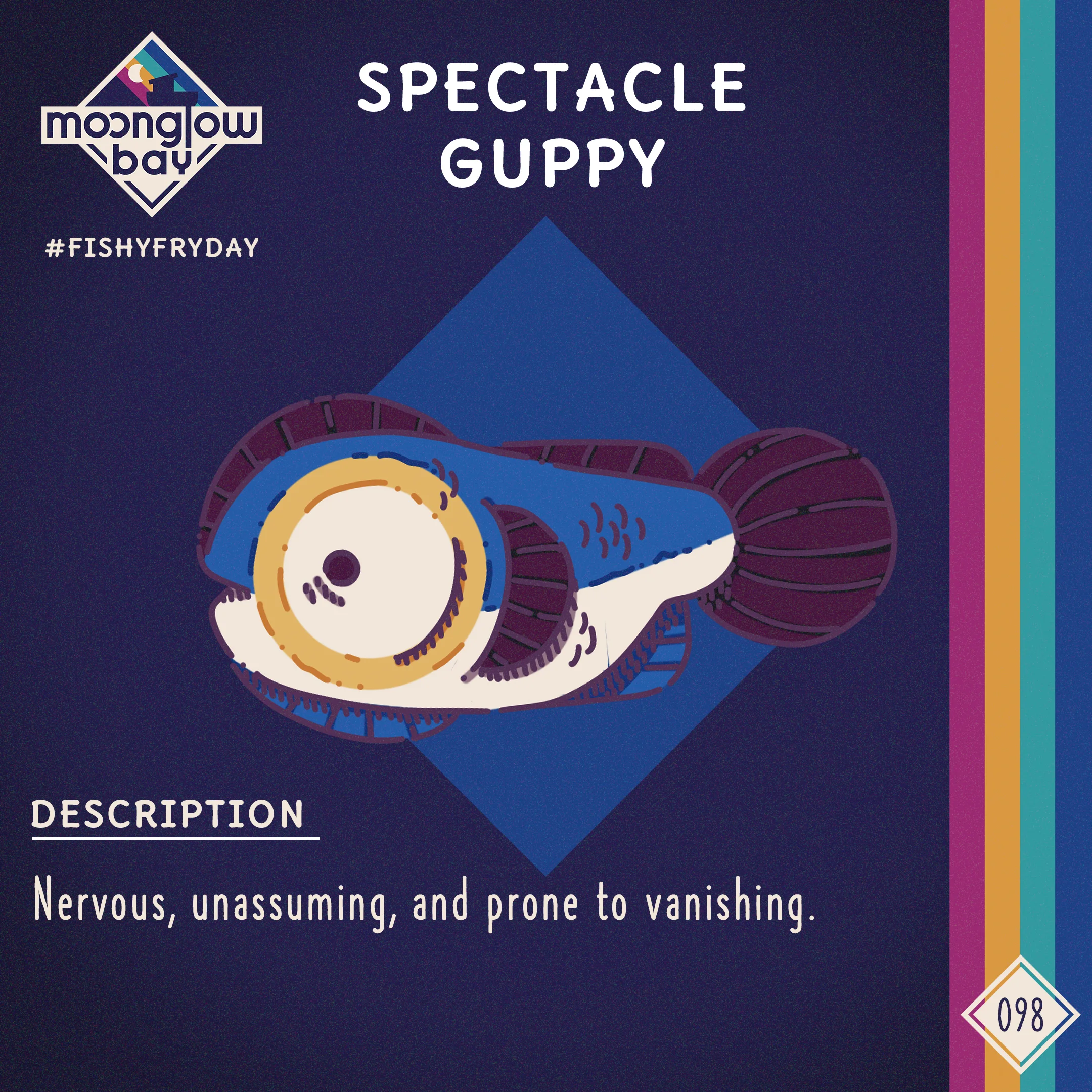 Side view of large, wide eyed fish that seems to be wearing a monocole, blue and white striped across its body