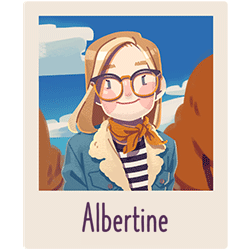 Albertine from Bunnyhug. Shown here with blonde hair, a thick warm coat and glasses