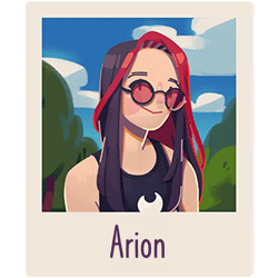 Arion from Bunnyhug. Shown here with rose tinted glasses and sections of bright red hair.