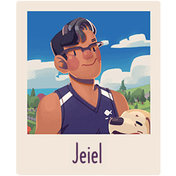 Jeiel from Bunnyhug. Wavy dark hair and shown here with his dog, who looks like a golden retriever!