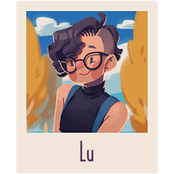 Lu from Bunnyhug. Lu has short curly hair and glasses, and makes excellent art!