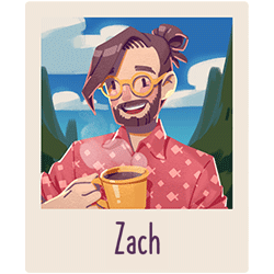 Zach from Bunnyhug. A friendly person shown wearing yellow glasses and drinking coffee!